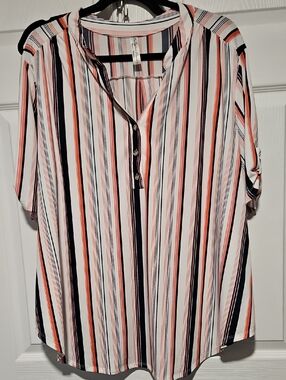 Perseption Vertical Stripe Button-Front Blouse - Coral, Navy & White
